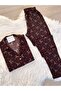 Brown Bowknot Patterned Suede Shirt Collar Long Sleeve Pajama Set - 2