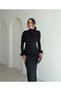 Women's Black Draped Evening Dress Long Sleeve Feathered Cuff Fish Model Evening Gown
