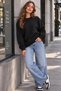 Women's Black Oversize 3 Thread Crew Neck Sweatshirt - Black