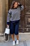 Navy Blue Striped Crew Neck Oversize Women's Sweater Mg2894 - 5