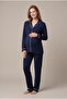 Women's Navy Blue Ribbed Front Buttoned Maternity Pajama Set for Easy Breastfeeding