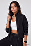 Black Stand Collar Standard Fit Crop Women's Sweatshirt - 97317 - 2