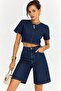 Women's Navy Blue Denim Crop Top and High Waist Bermuda Shorts Two-Piece Set - 3