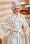 100% Cotton Waffle Pike Bathrobe and Head Towel Set 2-Piece Bath Set Ecru - Gray Striped