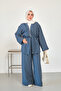 Women's Elastic Waist Front Tie Striped Pants Kimono Set Navy Blue - 2