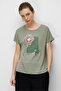 Women's Crew Neck Combed Cotton T-Shirt with Sequin Roses on the Front, Khaki - 4