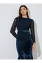 Navy Blue Lace Long Sleeves Velvet Mermaid Midi Dress - 2