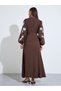 Brown Embroidered Tie-Up Waist Puff Long Sleeves Shirt Maxi Dress - 5