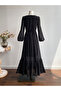 Black Embroidered A-Line Maxi Dress with Long Sleeves - 2