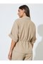 Beige Solid Drawstring Waist Zip-Up Shirt - 5