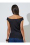 Black Solid Off Shoulder Side Ruched Top - 5