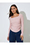Pink Textured Square Neck Long Sleeves Top - 3