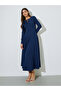 Navy Blue Textured Pleated Details Tie-Up Neck A-Line Maxi Dress - 2
