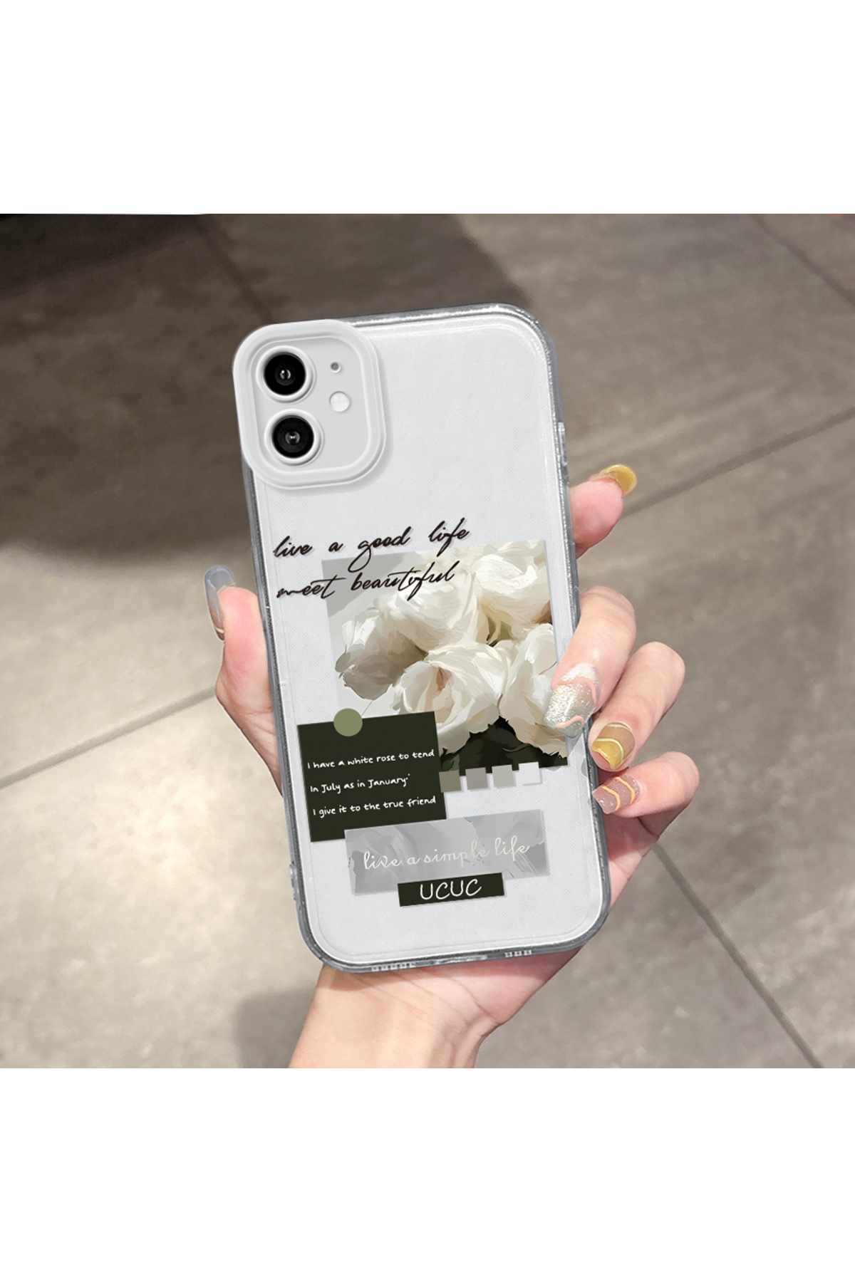 iPhone 11 Compatible Transparent Silicone Case Minimal White Rose Text Pattern Anti-Shock Phone Case with Camera Protection - 2