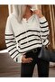 Sçlk Women's Striped Hooded Button Detailed Loose Knit Sweater - 6