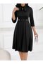 Women's Three-Quarter Sleeve Collar Lace-Up Button Detailed Midi Length Crepe Dress - 3