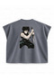 Jujutsu Kaisen Maki Zenin Sword Posture Panel Printed Boxy Oversize Sleeveless T-Shirt - Anthracite - 2