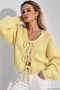 Women's Yellow Knitwear Tie-Up Balloon Sleeve Soft Textured Sweater - 3