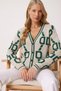 Women's Ecru Green Patterned Knitwear Cardigan V-Neck Buttoned Oversize Knit Cardigan - 7