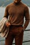 Men's High Neck Casual Brown Knit Sweater