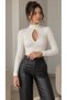 Women's Ecru Color Stand Collar Long Sleeve Window Detailed Shirred Camisole Fabric Crop Blouse - 4