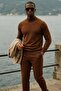 Men's High Neck Casual Brown Knit Sweater - 3