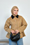 Women's Contrast Collar Waist-Fitted Lined Jacket Camel - 4