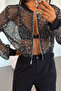 Women's Zippered Sequined College Jacket - Black - 2