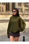 Women's Khaki Turtleneck Oversize Bat Sleeve Sweater - 4