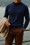 Men's High-Neck Casual Navy Blue Knit Sweater