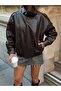 Women's Stand Collar Zippered Faux Leather Jacket with Rubber Detail Short Jacket - 6