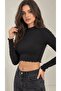Women's Black Stand Collar Long Sleeve Baby Overlock Detailed Viscose Crop Blouse - 4