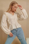 Women's V-Neck Scallop and Embroidered Blouse - Cream - 3