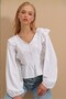 Women's V-Neck Blouse with Scallop and Embroidery - White - 2