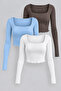 Women's 3 Pack Long Sleeve Square Neck 100% Cotton Slimfit Crop Blouse