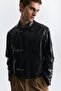 Metal Decorated Button Faux Leather Coat - 4