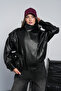 Women's Black Oversize Stand-Up Collar Zippered Epaulet Detailed Elastic Waist Faux Leather Bomber Jacket - 9