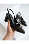 Women's Black Patent Leather Pointed Toe Bow Detailed Sole with Nickel Detail Thick Heel 7.3cm Length Casual Comfortable Shoes - 4