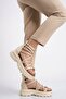 Cream Women's Thick-Soled Ankle Buckle Multi-Strap Genuine Leather Platform Sandals B119 - 3