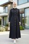 Women's Buttoned Beaded Belted Denim Black Dress