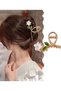 Gold Metal Hair Clip with White Flower Figure - Stylish Large Hair Clip with Enamel Leaf Detail for Women - 3