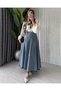 Women's Pleated Design Long Denim Skirt with Seats - 6