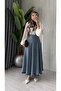 Women's Pleated Design Long Denim Skirt with Seats - 4