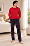 Men's Long Sleeve Pajama Set with Pockets Red - 3