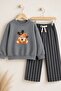 Boy's Anthracite Teddy Bear Printed Sweatshirt and Striped Sweatpants Top and Bottom Set - 3