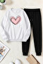 Unisex Cream Heart Printed Crew Neck Sweatshirt - 2-Piece Tracksuit Set
