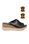 Black Genuine Leather Soft Thick Comfortable Sole Wedge Sole Women's Slippers 9207 - 3