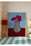 Natural Wood Framed Red Floral Checkerboard Pattern Vase Wall Decor Painting Set for Living Room Living Bedroom Kitchen