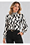 Women's Long Sleeve Patterned Blouse Stand Collar Gathered Cuff Stylish Casual Blouse