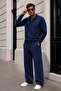 Men's Navy Blue Crep Polo Collar Sweat & Baggy Pants Bottom Top 2-Piece Set Ls-39174